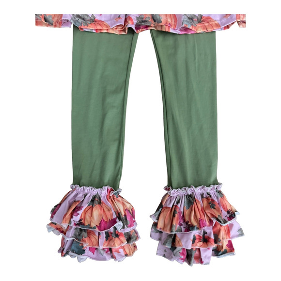 NWOT Pumpkin Leaf Fall Autumn Orange Crush Print Ruffle Top, leggings Set age 4T - Picture 13 of 14